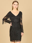 Lara 29355 - Long Sleeve Beaded V-Neck Fringe Cocktail Mini-Dress-Lara-0-Black-Lara
