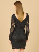 Lara 29355 - Long Sleeve Beaded V-Neck Fringe Cocktail Mini-Dress-Lara-Lara