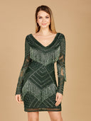 Lara 29355 - Long Sleeve Beaded V-Neck Fringe Cocktail Mini