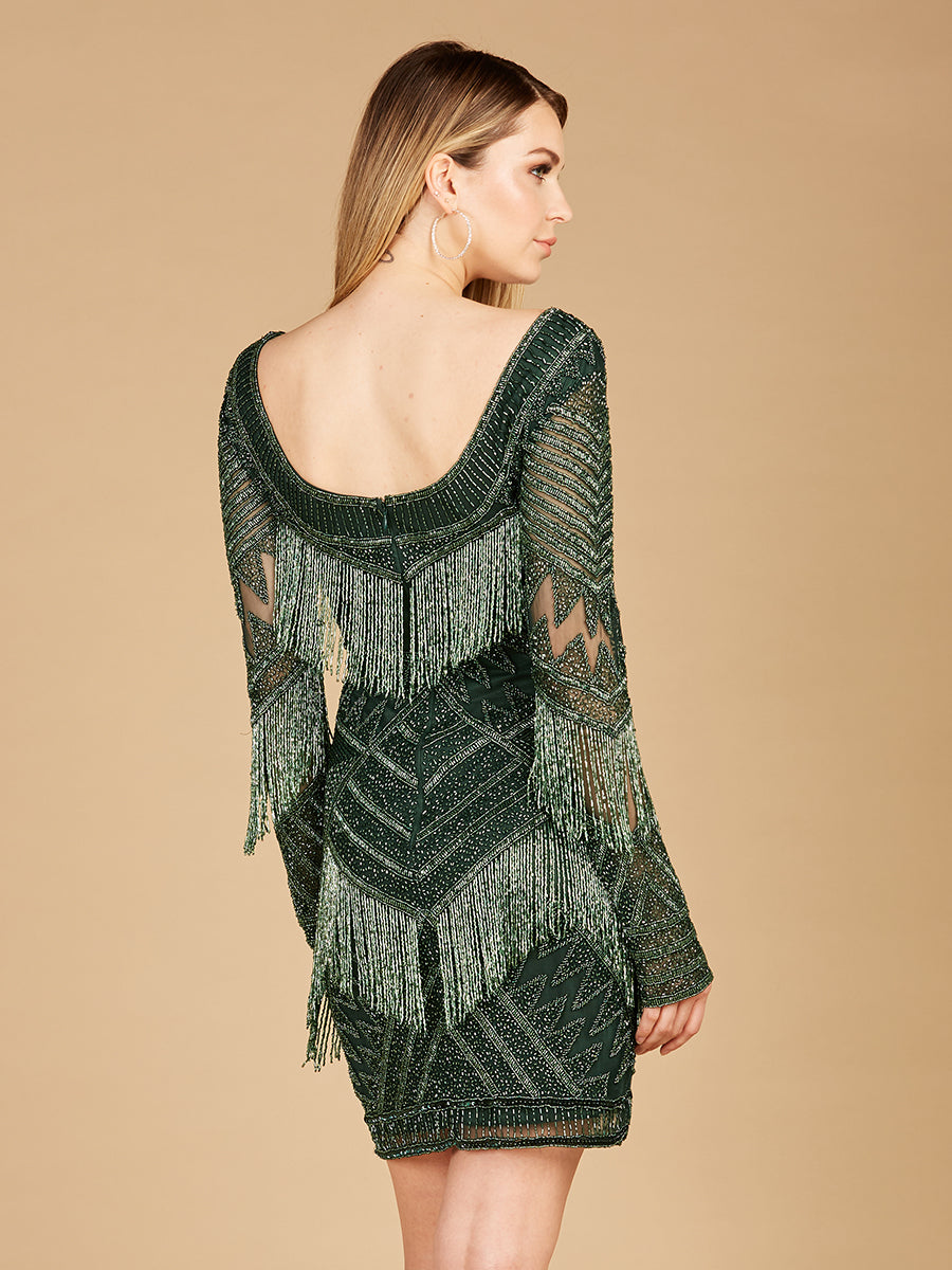 Long Sleeve Beaded V-Neck Fringe Cocktail Mini OUTLET Lilac / 0 Long Sleeve Beaded V-Neck Fringe Cocktail Mini OUTLET Lilac / 0