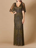 Lara 29356 - Cape Sleeve V-Neck Beaded Gown