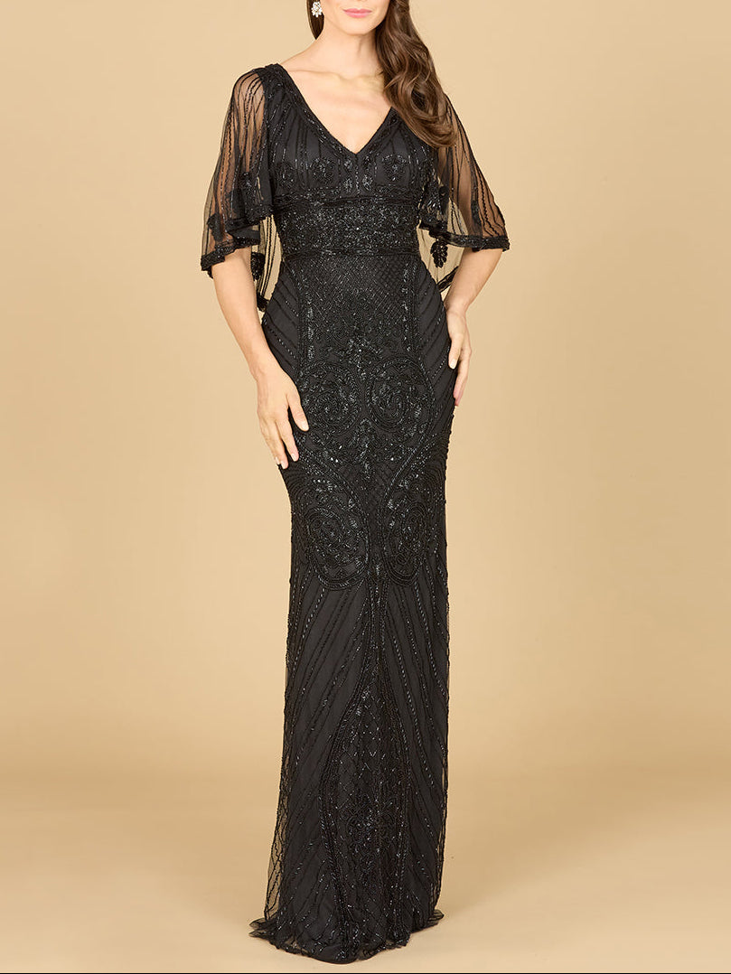 Cape Sleeve V-Neck Beaded Gown