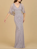 Lara 29356 - Cape Sleeve V-Neck Beaded Gown-Dress-Lara-4-Lilac Smoke-Lara