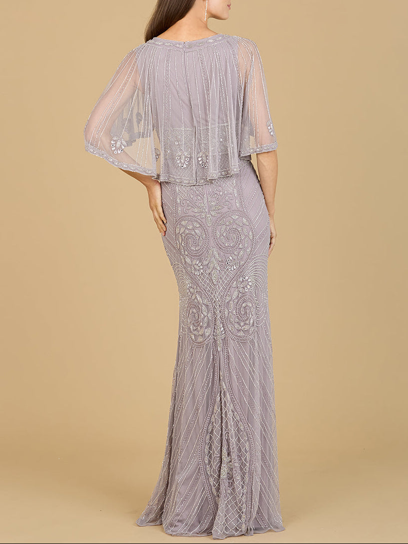 Cape Sleeve V-Neck Beaded Gown Lilac Smoke / 24 Cape Sleeve V-Neck Beaded Gown Lilac Smoke / 24