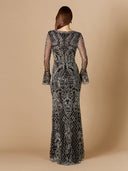 Lara 29358 - Long Bell Sleeve V-Neck Beaded Gown