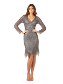 Lara 29362 - Long Sleeve Midi Dress with V-Neckline and Fringes