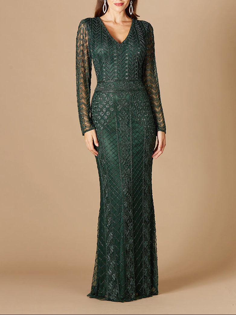 fitted lace wedding dress Beaded Feather Prom Dresses Long Sleeve 1920s Evening Dress 22140 main image 1