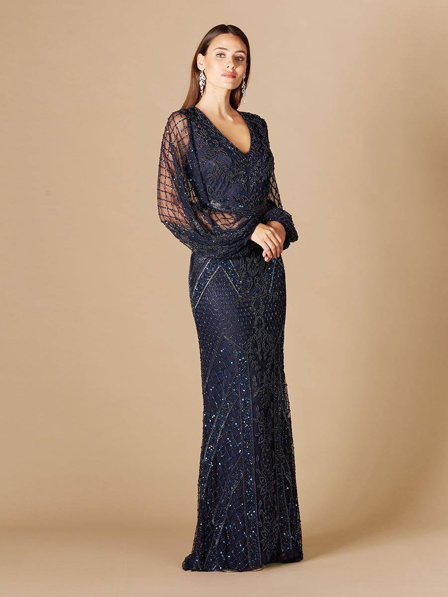 Lara 29366 - Long Flutter Sleeves Beaded Dress