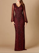 Lara 29369 - Long Flutter Sleeves Beaded Dress