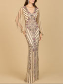 Lara 29369 - Long Flutter Sleeves Beaded Dress-Dress-Lara-4-Nude/Multi-Lara