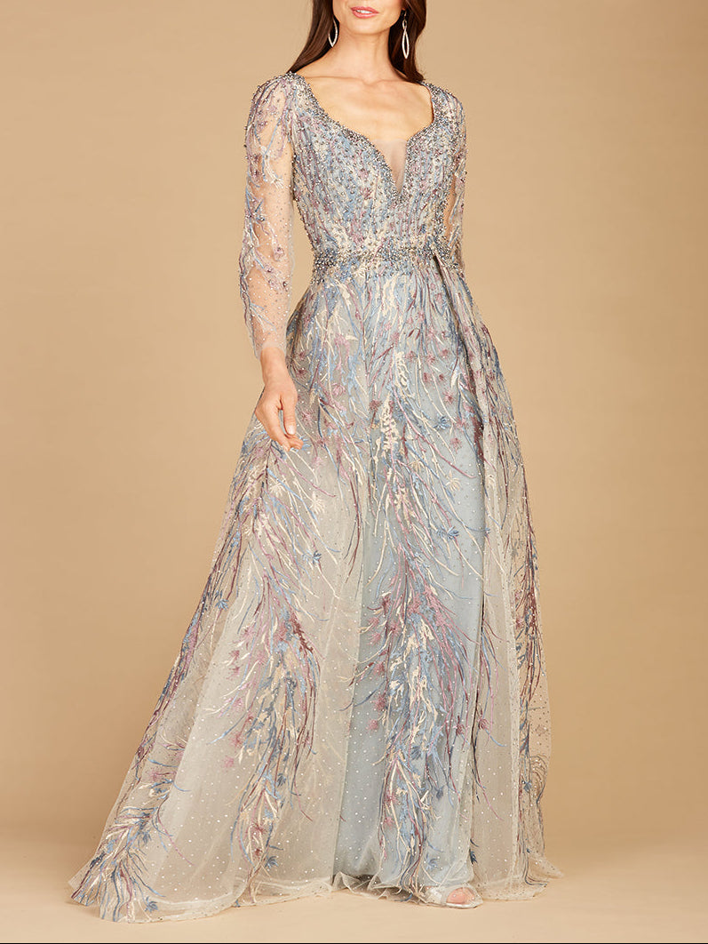 Lara Women's Long Sleeve Lace Gown with Overskirt - Multi