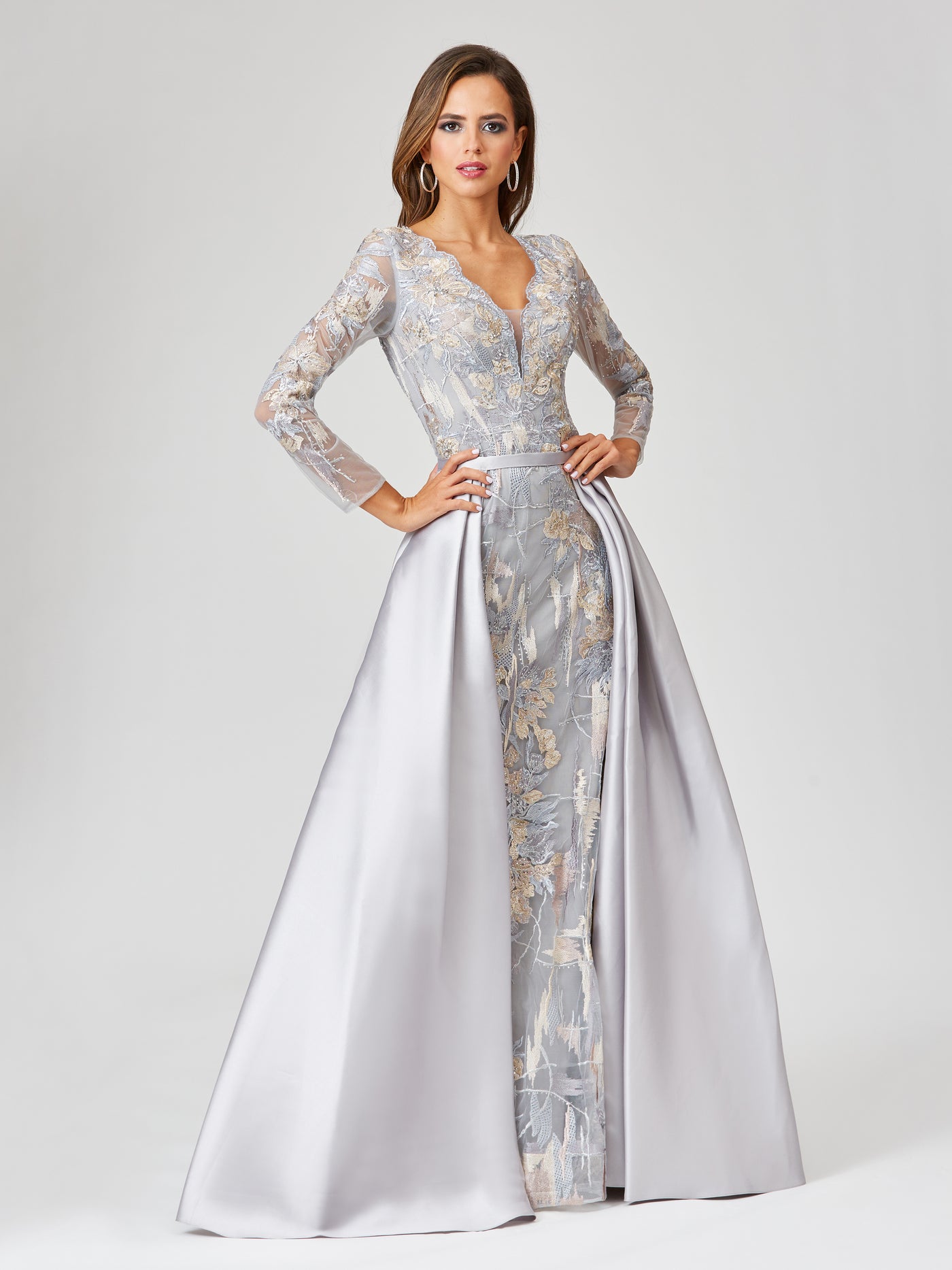 Lara 29468 - Long Sleeve Lace Gown with Removable Over Skirt