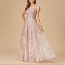 Lara 29475 - Lace ballgown with Feather Cap Sleeves