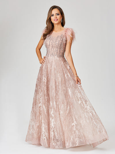 Lara 29475 - Lace ballgown with Feather Cap Sleeves
