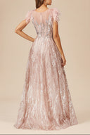 Lara 29475 - Lace ballgown with Feather Cap Sleeves