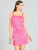 Lara 29488 - Beaded Fringe Cocktail Dress-Dress-Lara-0-Hot Pink-Lara