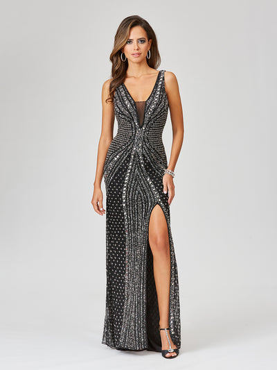 Lara 29499 - Embellished Long Dress with Thigh High Slit – Lara New York