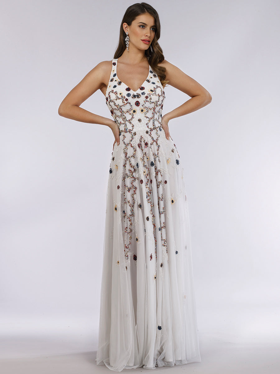 Lara 29544 - Beaded Dress with Open Cross Back and Flowy Skirt