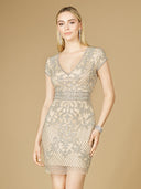 Lara 29571 - Embellished Short Dress-Dress-Lara-0-Nude/Silver-Lara