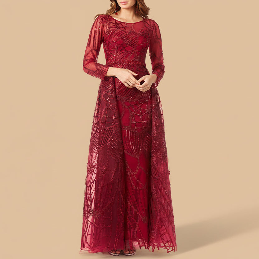 Lara 29633 - Gorgeous Overskirt Dress with Long Sleeves DarkRed / 24 Lara 29633 - Gorgeous Overskirt Dress with Long Sleeves DarkRed / 24
