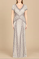 Lara 29746 - Beaded V-Neckline Dress with Cap Sleeves-Dress-Lara-Lara