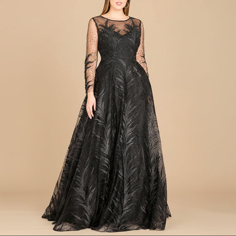 Women's Dresses Lara Evening Dresses Lara 29761 High Neck Sheer Long  Sleeve Embellished Gown Black 10