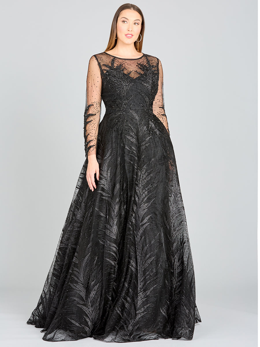 Lara 29761 - High Neck Sheer Long Sleeve Embellished Gown – Lara New York