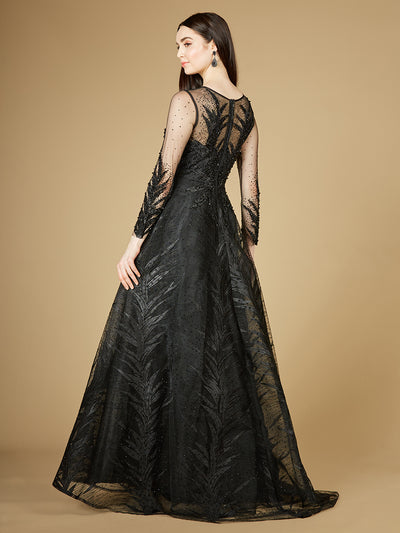 Lara 29761 - High Neck Sheer Long Sleeve Embellished Gown-Dress-Lara-Lara