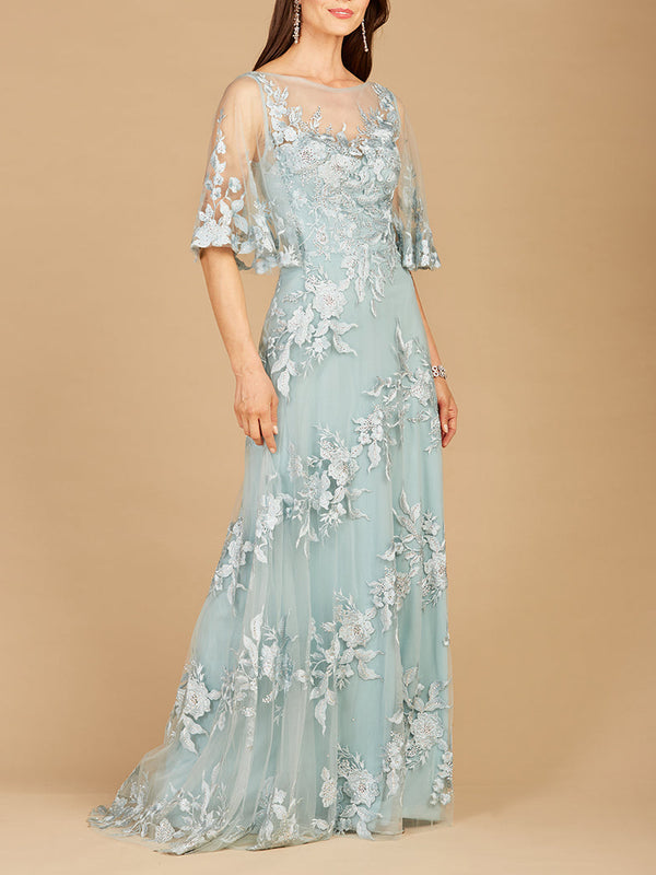 Lara 29772 - Cape Sleeves A-line Lace Gown