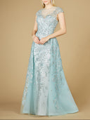 Lara 29798 - Floral Appliques high neck ball gown-Dress-Lara-4-LightBlue-Lara
