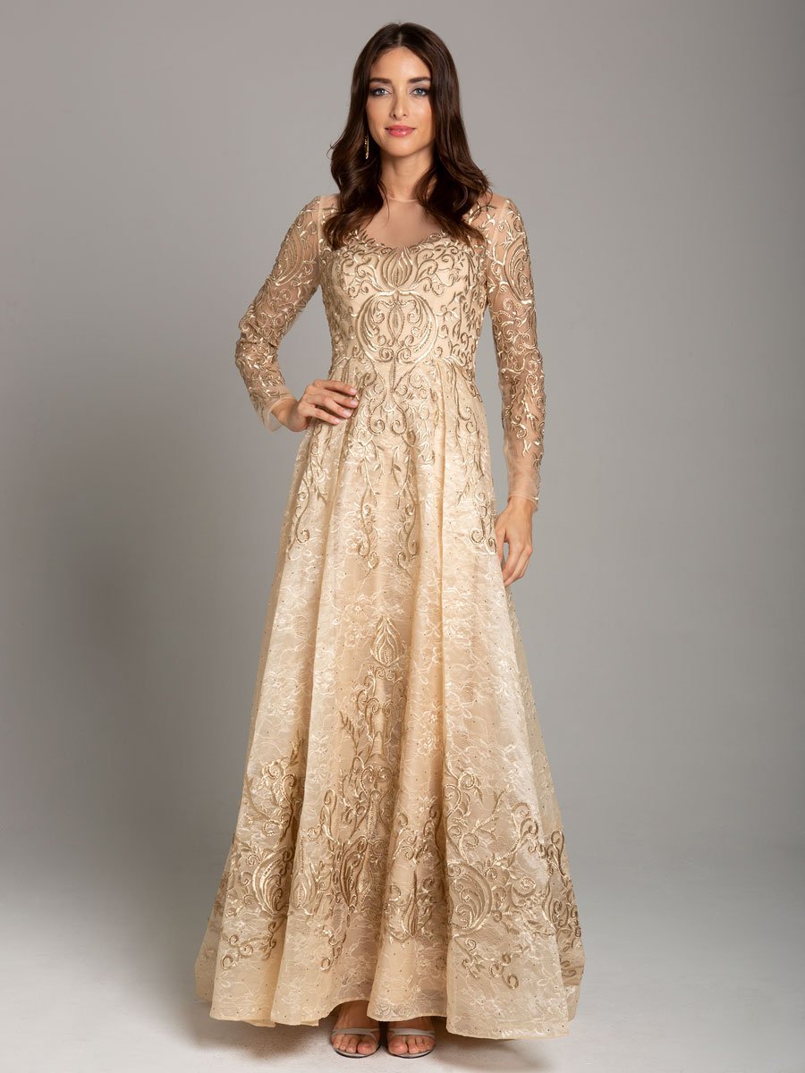 Lara 29856 - Long Sleeve Lace Ball Gown