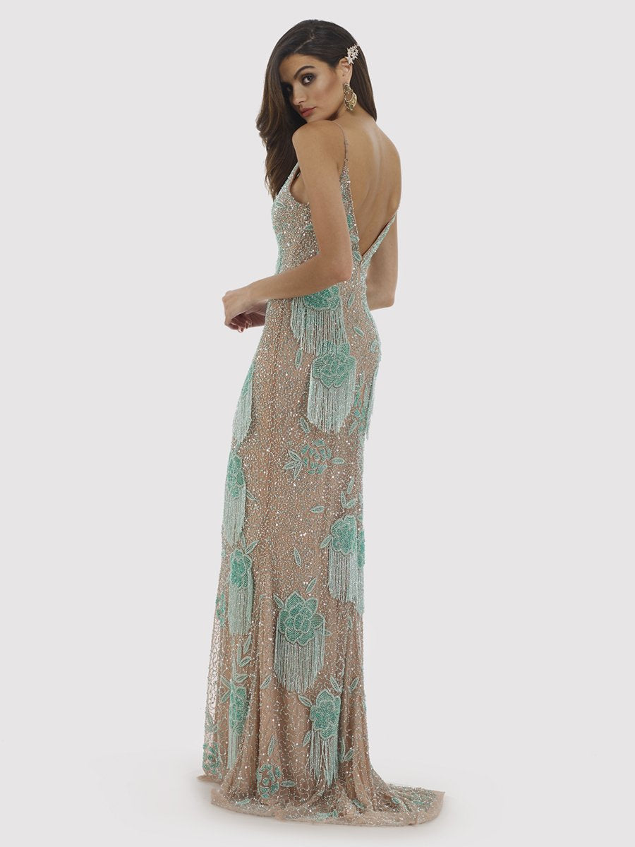Lara 29892 Danika Floral Beaded Sheath Beaded Dress with Beaded Fringe Blush/Silver / 0
