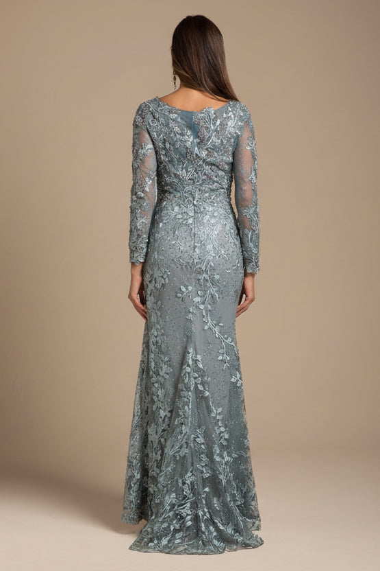Lara 29924 - Long Sleeve Lace Dress With Lace Appliques Silver Sage / 18 Lara 29924 - Long Sleeve Lace Dress With Lace Appliques Silver Sage / 18
