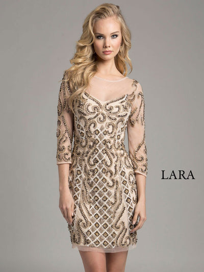 Lara 33271 - Beaded Short Dress with Long Sleeves
