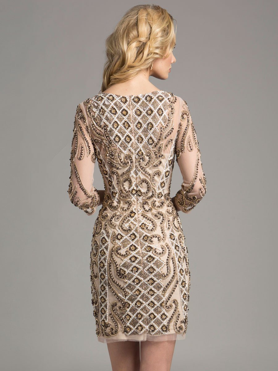 Lara 33271 - Beaded Short Dress with Long Sleeves