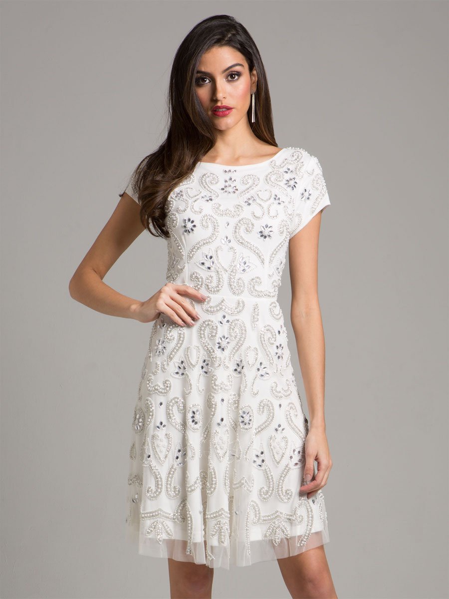 short sleeve beaded cocktail dress SHORT SLEEVE BEADED FIT & FLARE GOWN – Samba Fashions