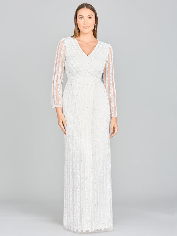 Lara Blair Long-Sleeve Beaded Surplice Sheath Gown-Dress-Lara-Lara