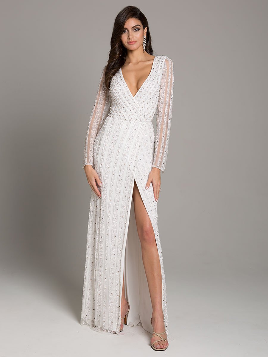 Lara 51007 Blair Long-Sleeve Beaded Surplice Sheath Gown Ivory / 2 Lara 51007 Blair Long-Sleeve Beaded Surplice Sheath Gown Ivory / 2