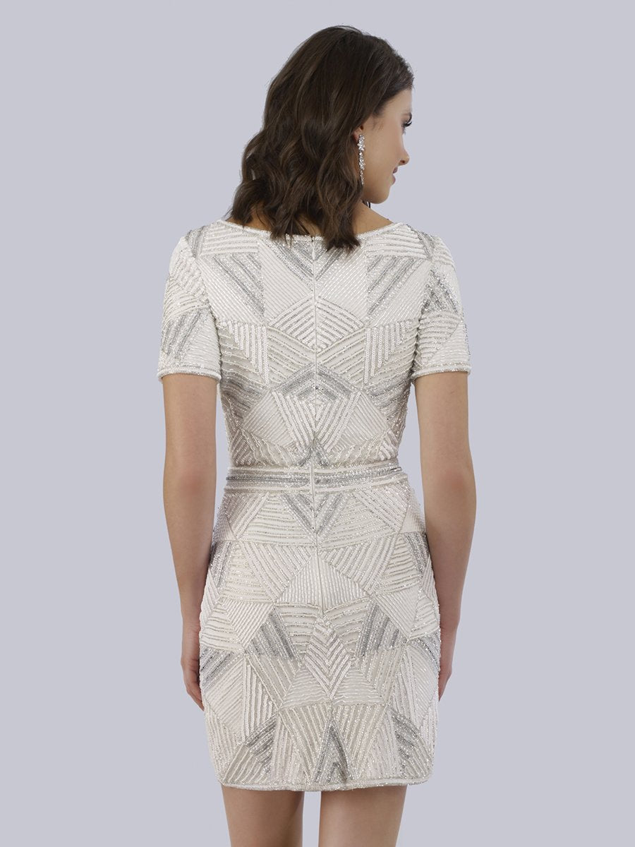 Lara Becky Beaded Faux-Wrap Short Sleeve Cocktail Dress