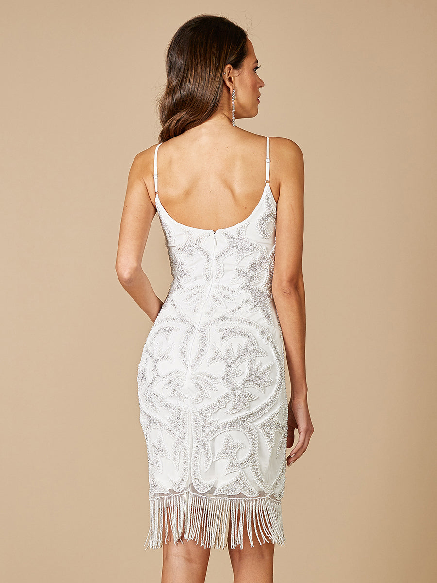 Lara 51040 Demi Beaded Short Fringe at Hem Wedding Dress White / 10 Lara 51040 Demi Beaded Short Fringe at Hem Wedding Dress White / 10
