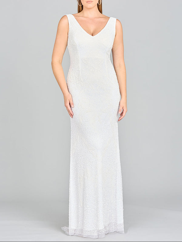 Lara Erika Beaded Draped Cowl Back V-Neck Wedding Dress-Dress-Lara-Lara
