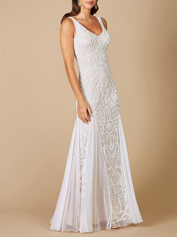 Lara Greta Beaded V-Neck Tulle Wedding Dress with Contrast Lining