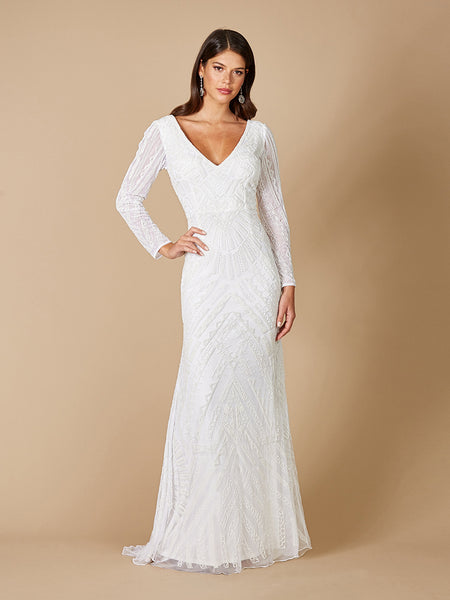 knee length dresses for ladies Sheer-Sleeved Deep V-Neck Wedding Dress with Floral Accents and Graceful Train Custom Made main image 0