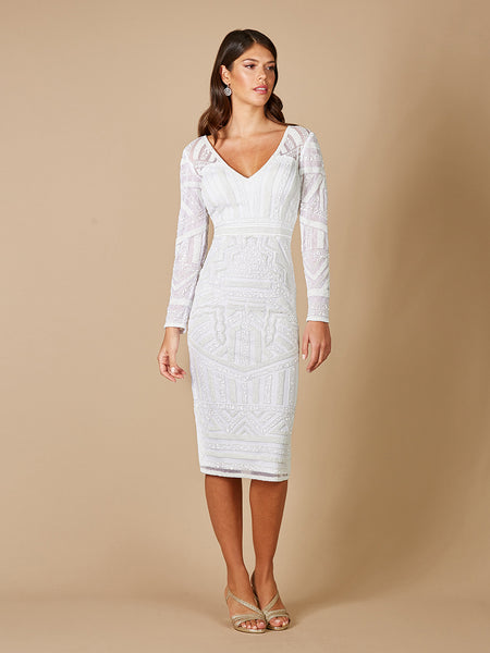 Lara 51076 Gloria Long Sleeve Beaded Midi Dress Ivory / 2