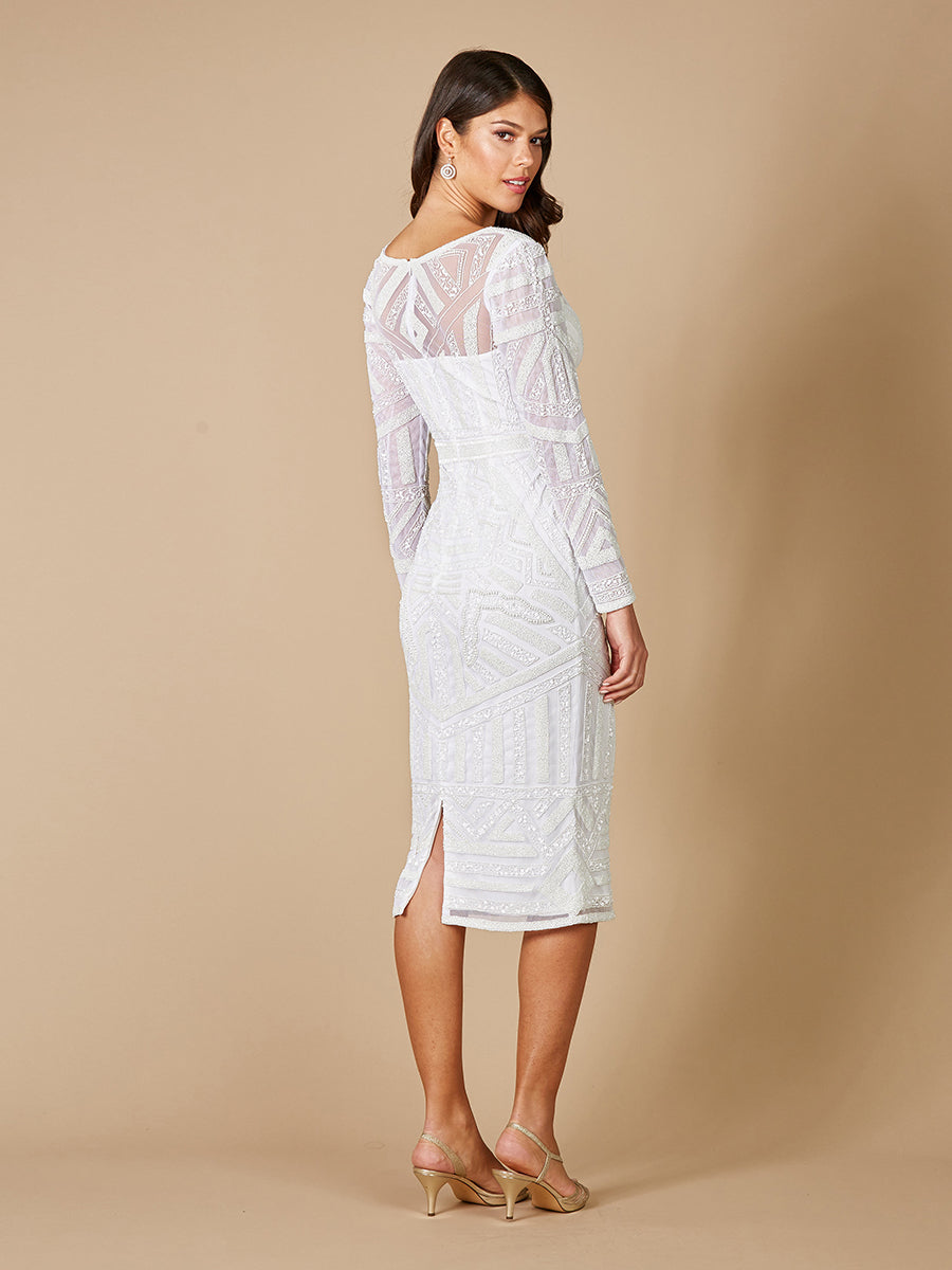 Lara 51076 Gloria Long Sleeve Beaded Midi Dress Ivory / 2 Lara 51076 Gloria Long Sleeve Beaded Midi Dress Ivory / 2