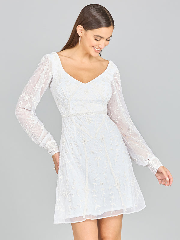 Lara 51116 - V-Neck, Long Sleeve Bridal Cocktail Dress-Dress-Lara-2-Ivory-Lara