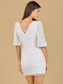 Lara 51118 - V-Neck Beaded Bridal Short with Sleeves-Dress-Lara-Lara