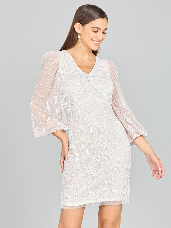 Lara 51130 - V-Neck, Balloon Sleeve Bridal Mini-Dress-Lara-2-Ivory/Nude-Lara