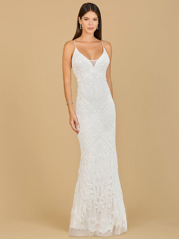 Lara 51140 - Beaded Spaghetti Strap Fitted Gown-Dress-Lara-0-Ivory-Lara