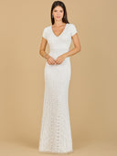 Lara 51141 - Beaded V-Neckline Dress with Cap Sleeves-Dress-Lara-4-Ivory-Lara